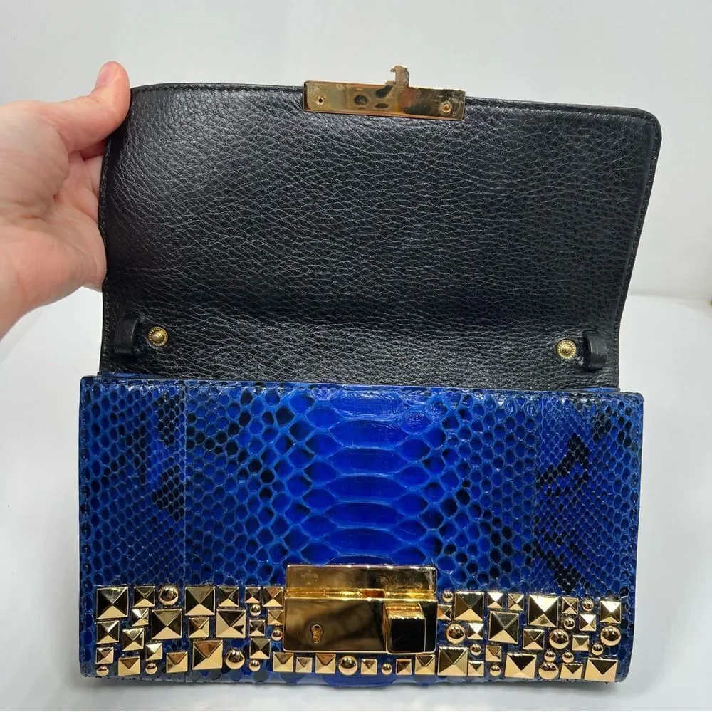 Michael Kors Python Studded Gia Clutch Bah Blue and Gold